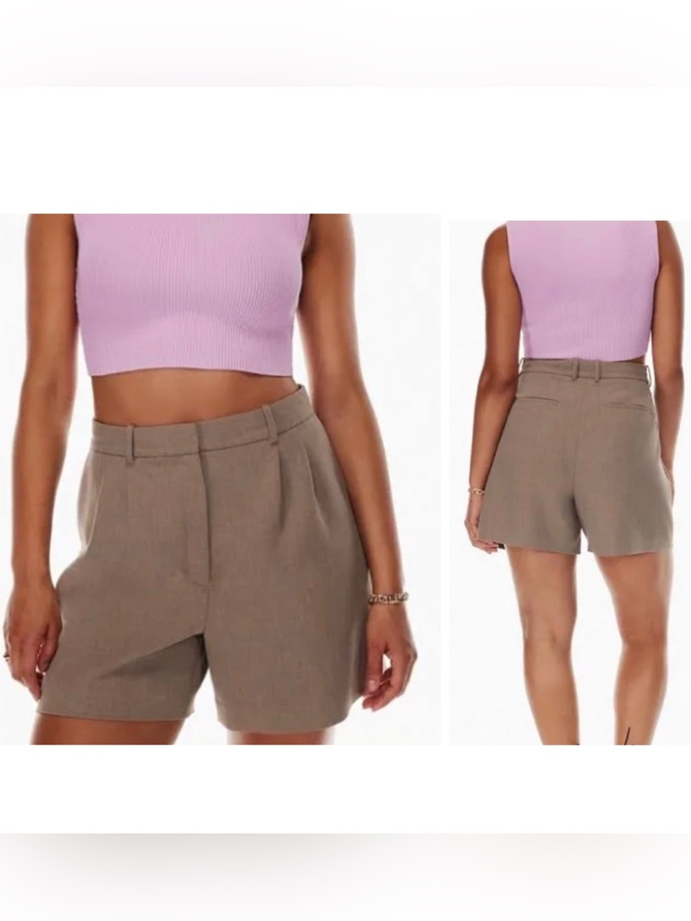 Aritzia Babaton Pleated Mid Thigh Tailored Shorts Taupe, 2